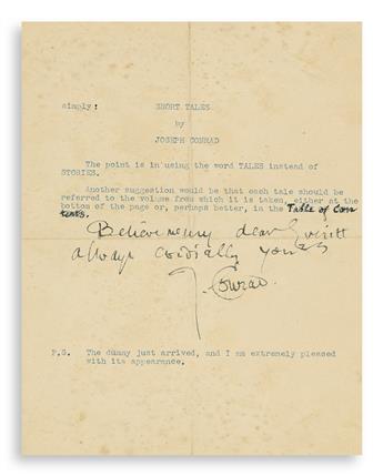 CONRAD, JOSEPH. Typed Letter Signed, J. Conrad, to Doubleday executive Samuel A. Everitt,
